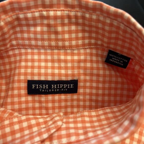 Fish Hippie Men’s Orange Gingham Tailored Fit Button Up Shirt Small - Picture 3 of 4